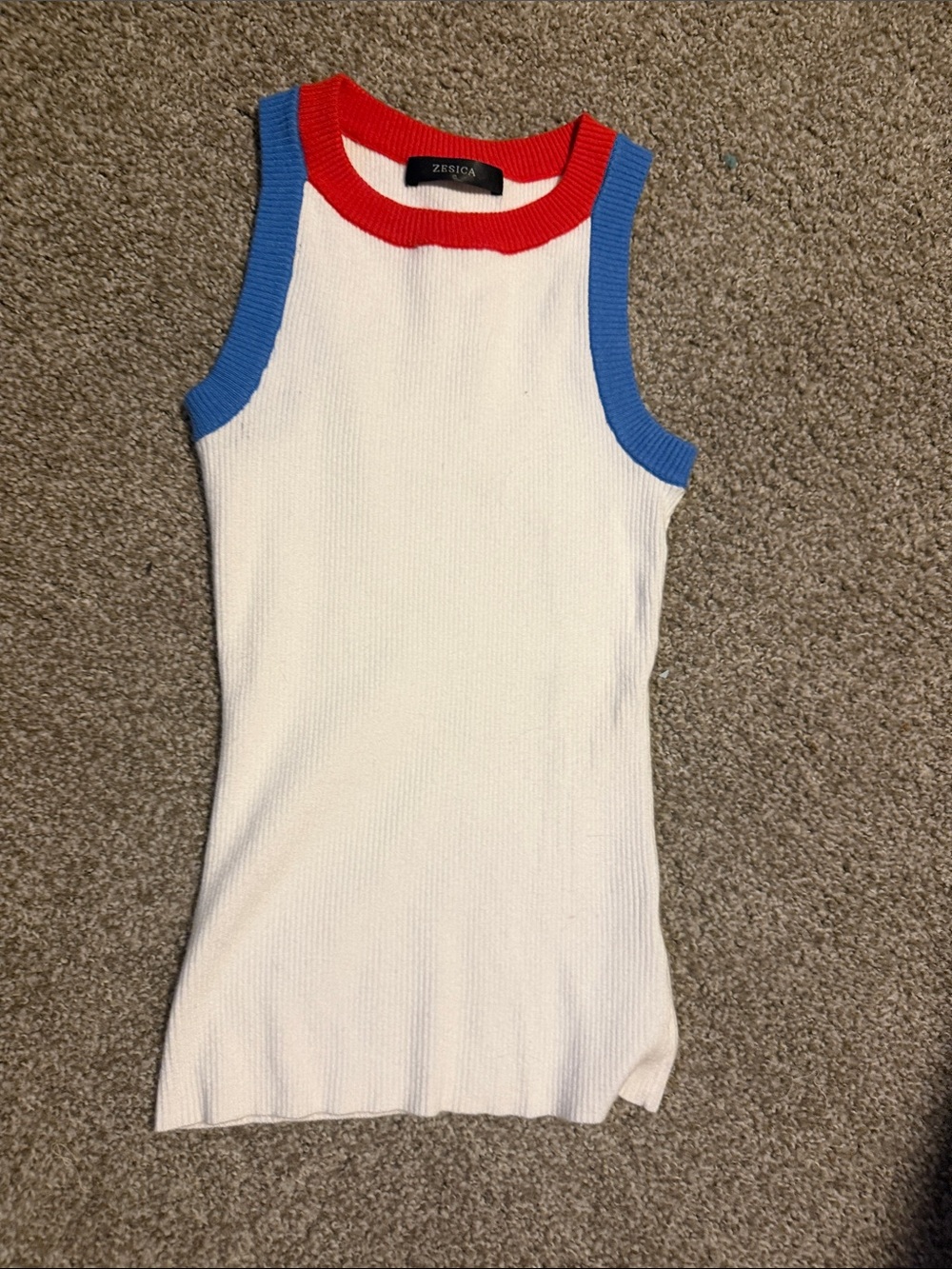 Zesica White Ribbed Tank with Red Neckline and Blue Trim